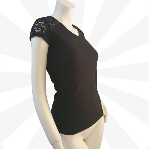 Ambiance Black Lace Cap Sleeves V Neck Cut Out Back Pullover Knit Top Size S - Picture 5 of 8